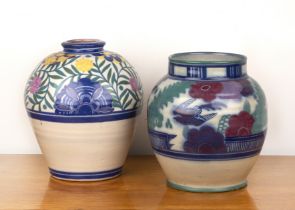 Truda Adams for Poole Pottery two large vases, the first decorated with a stylised bird and flowers,