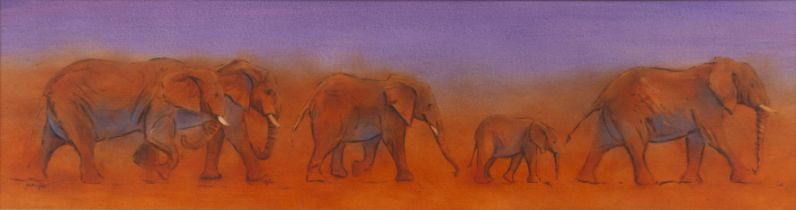 Justin Tew (b.1969) 'Parade of elephants', oil on panel, signed lower left, 25cm x 92cm Minimal