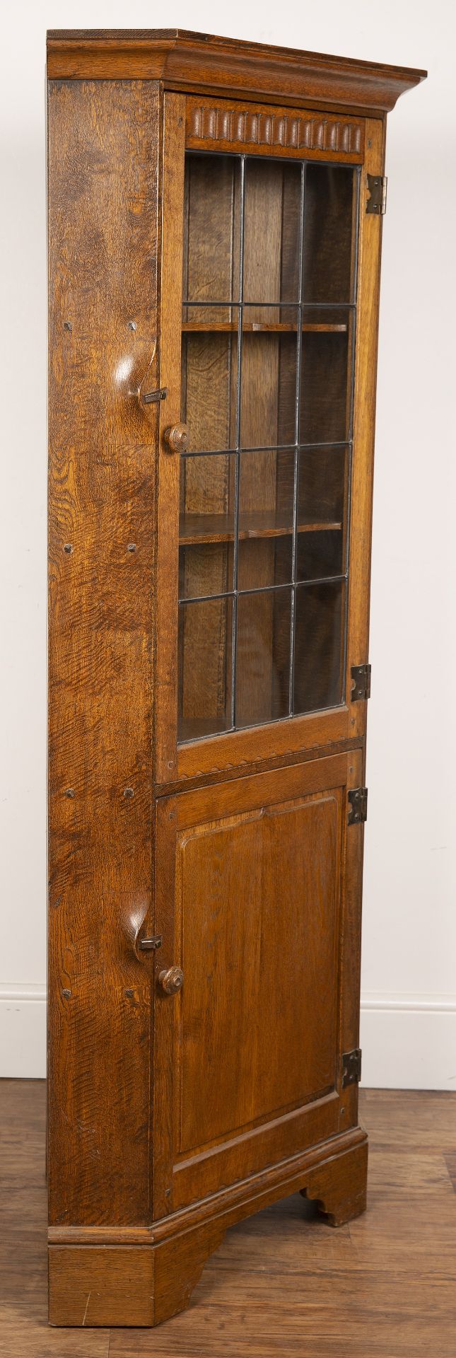 Yorkshire School oak, corner display cabinet, with astragal glazed door above a fielded panel - Image 3 of 5