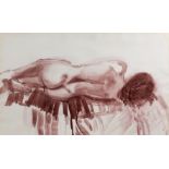 20th Century School 'Reclining female nude', watercolour, unsigned, 49cm x 81cm Paper a little
