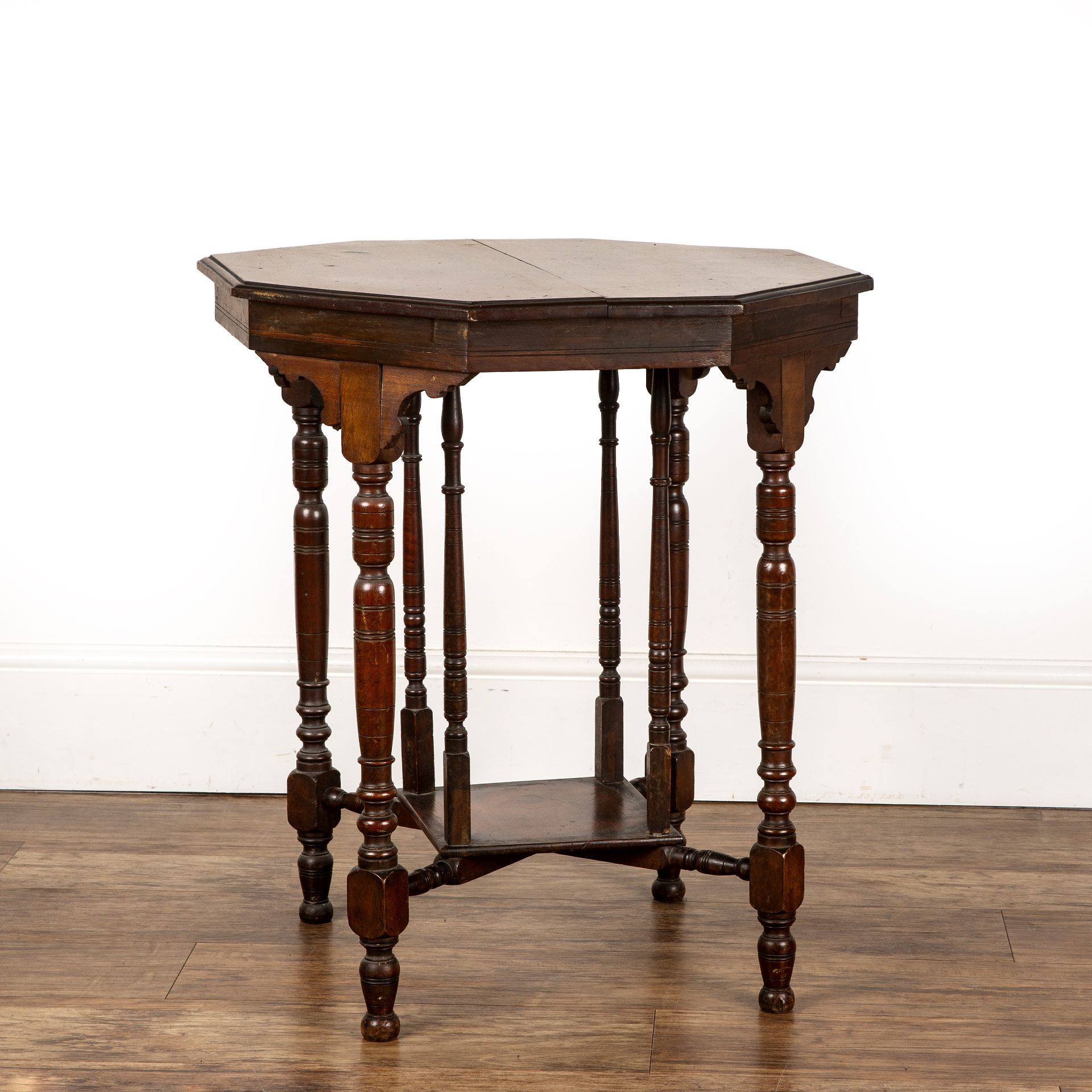 Aesthetic movement walnut, octagonal topped table, on turned legs, unmarked, 60cm wide x 67cm high