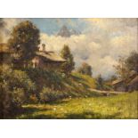 Frank Moss Bennett (1874-1953) 'Rural Swiss scene', oil on board, unsigned, in gilt frame, 24cm x