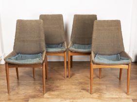 Robert Heritage for Archie Shine Ltd teak framed set of four chairs, with grey upholstery, unmarked,