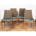 Robert Heritage for Archie Shine Ltd teak framed set of four chairs, with grey upholstery, unmarked,