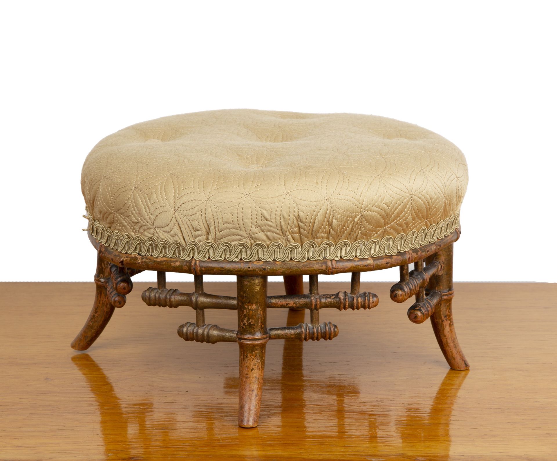 In the manner of Edward William Godwin (1833-1886) small footstool, yellow button upholstered top on - Bild 2 aus 4