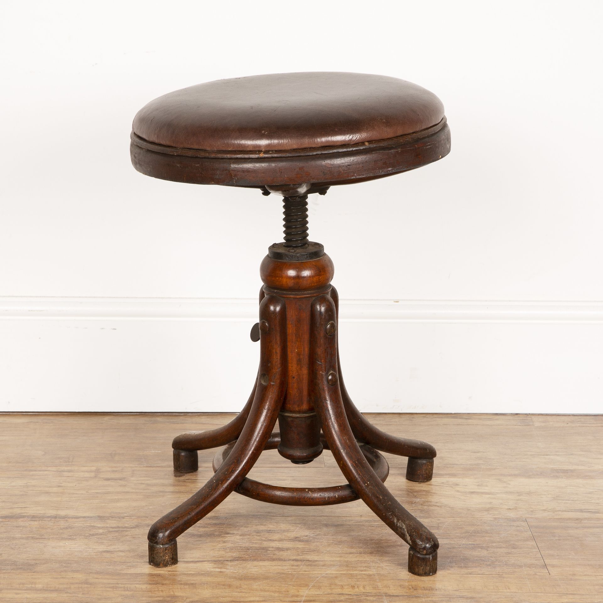 In the manner of Thonet industrial swivel stool, with leather top on bentwood base, unmarked, 55cm - Bild 3 aus 4