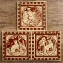 Three Mintons tiles from the 'Aesop's fables' series, the fox dines with the crow, the fox and the