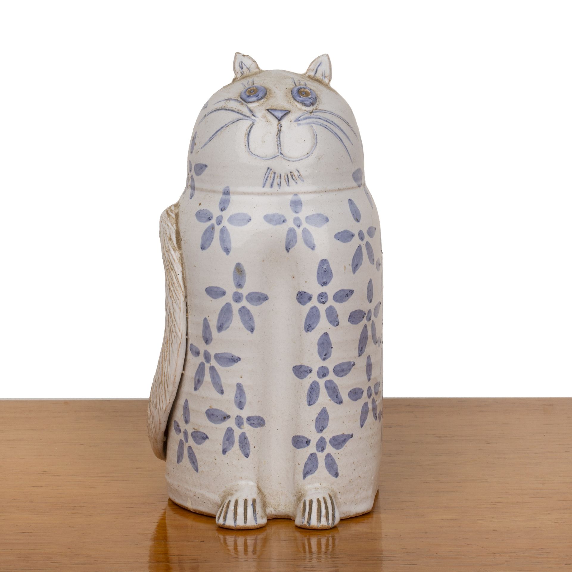 Thom Borthwick at Burnham Pottery studio pottery cat, with blue painted decoration, incised - Image 2 of 6