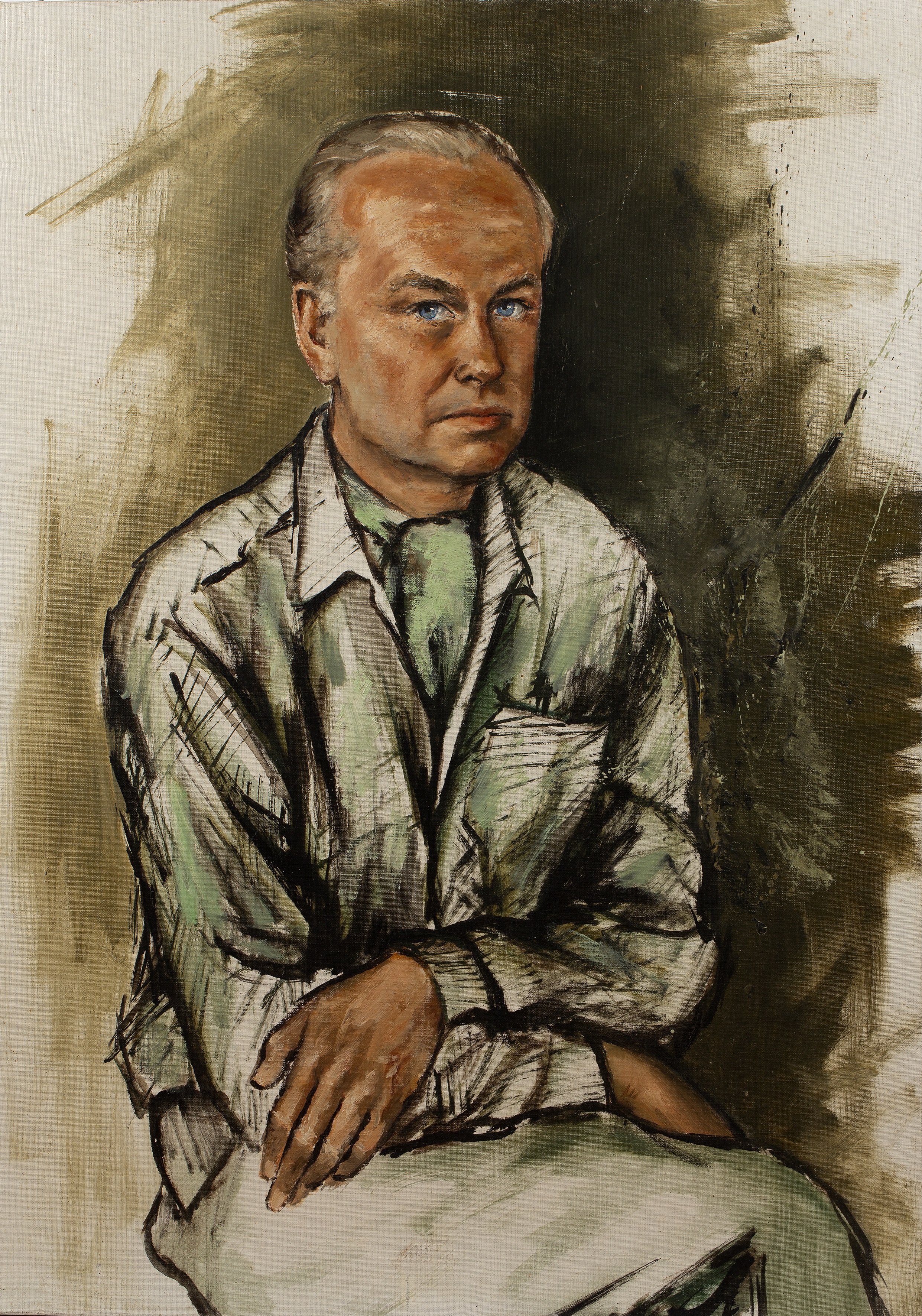 Rene Cazassus (Contemporary) 'Portrait of a seated man', oil on canvas, unsigned, unframed, 87cm x