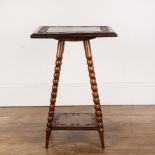 Aesthetic movement oak, side table with carved square top, on bobbin turned legs, 45cm wide x 65.5cm