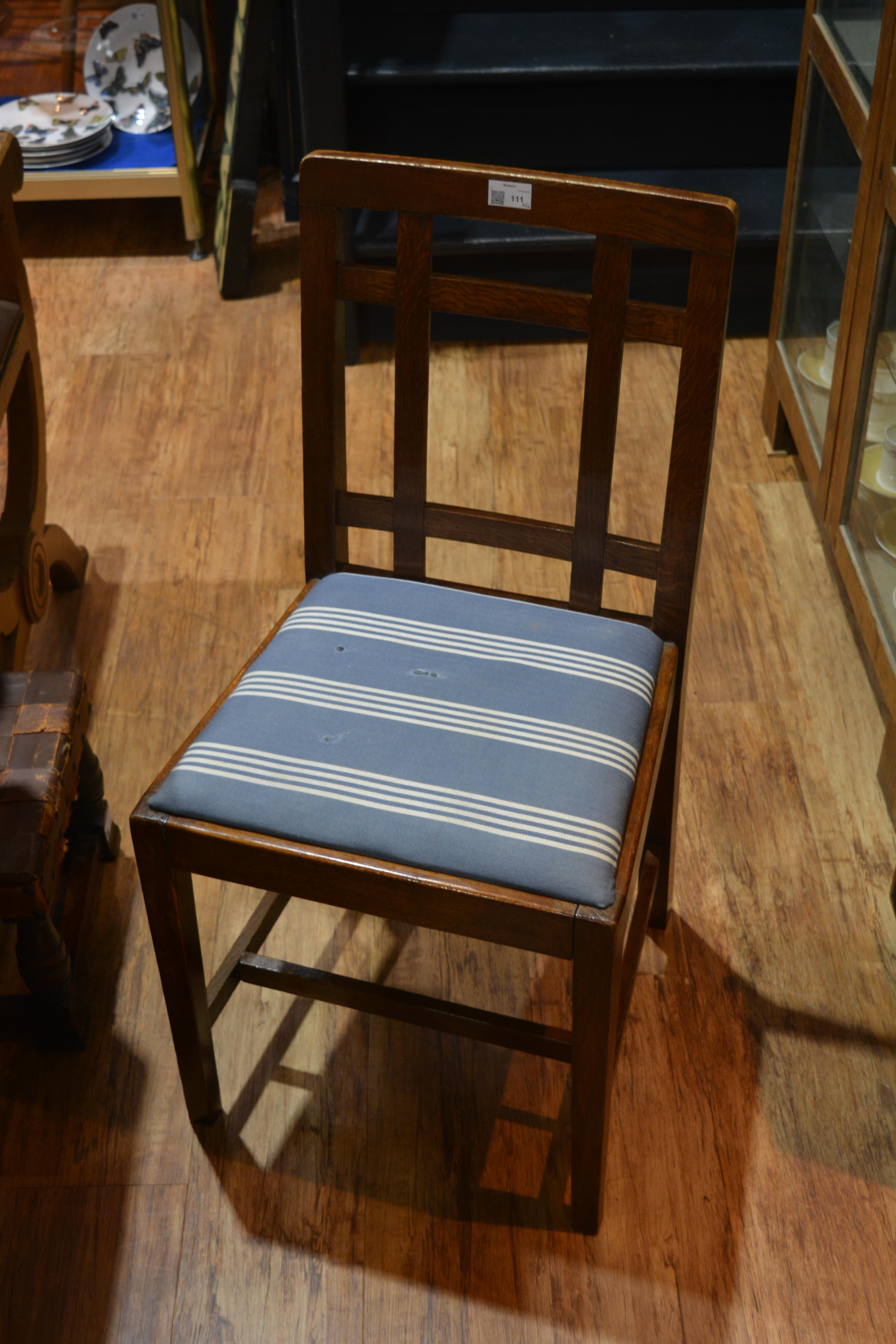 Paul Matt for Brynmawr furniture oak, set of four 'Mount' dining chairs, the seats with striped - Image 5 of 14