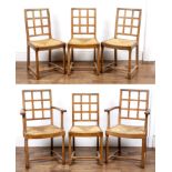 Heals oak, 1930s, lattice back, set of six chairs, with rush seats, each bearing label to the