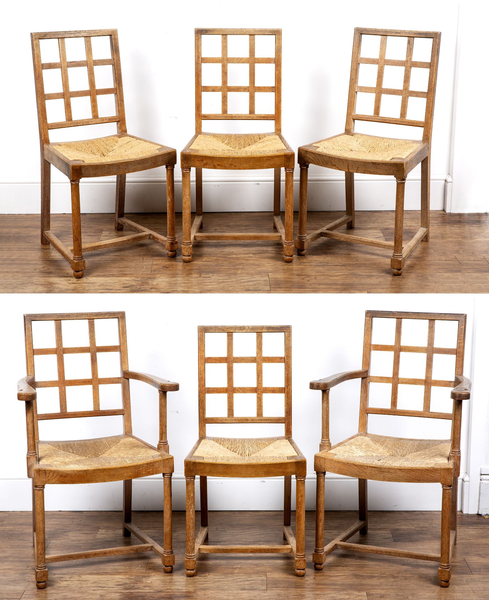 Heals oak, 1930s, lattice back, set of six chairs, with rush seats, each bearing label to the