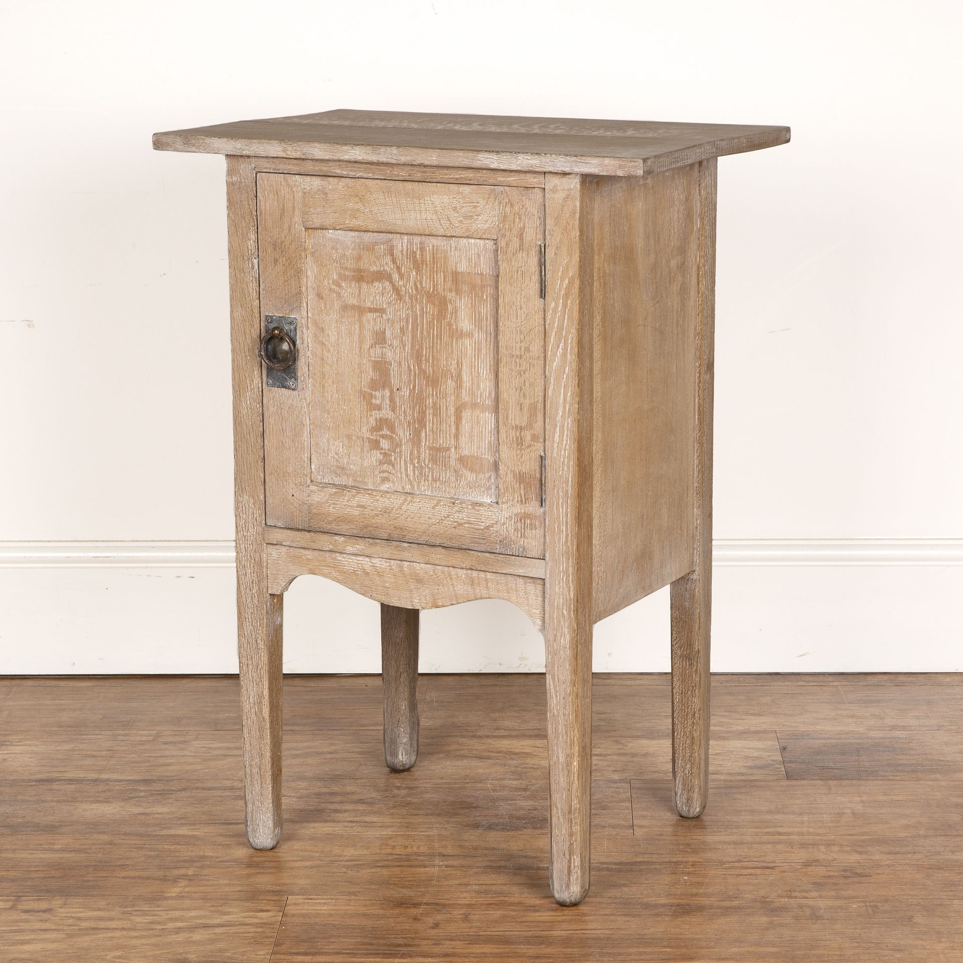 In the manner of Heals limed oak, side cupboard, with overhead top and the door with brass ring - Image 4 of 6