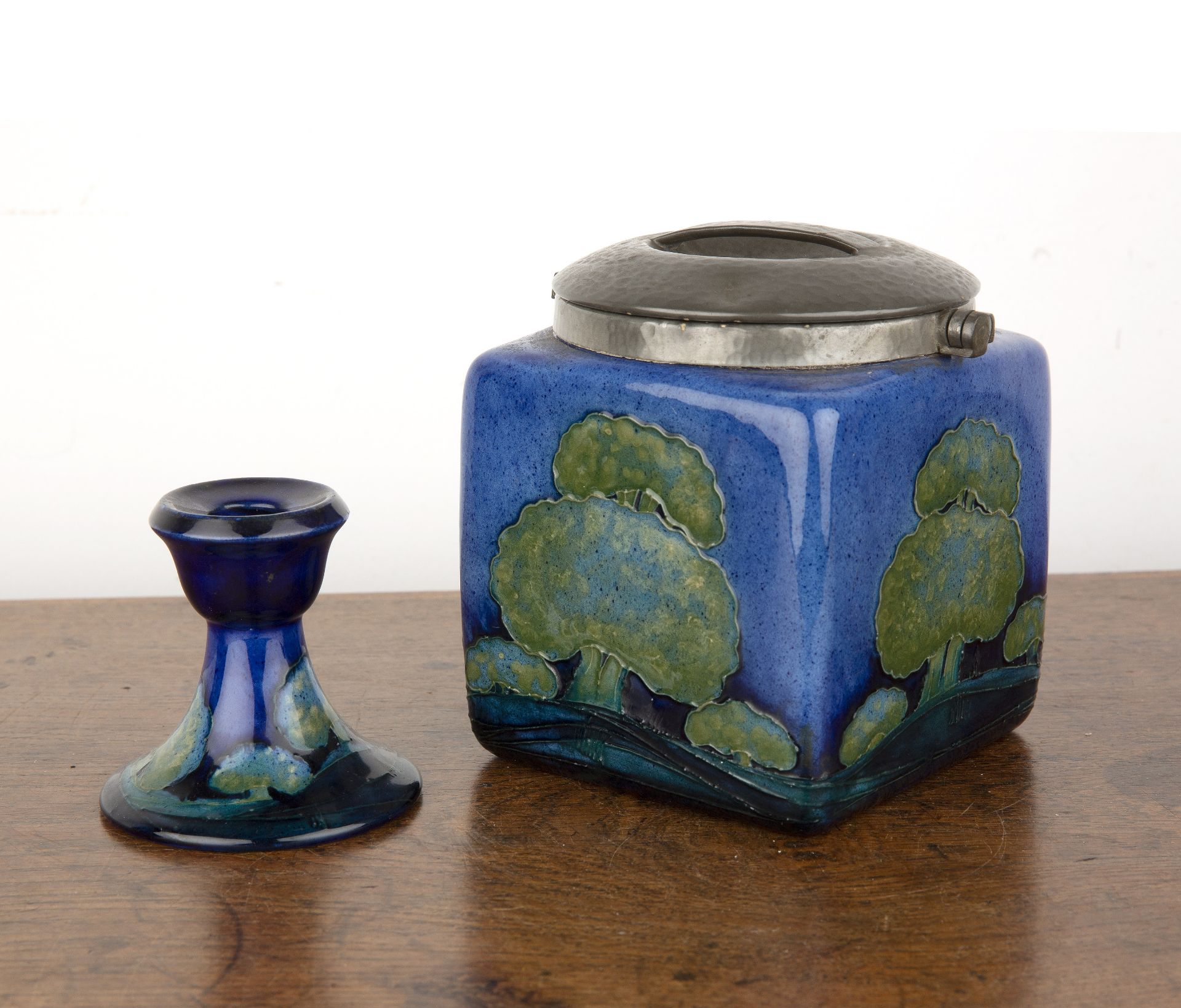 William Moorcroft (1872-1945) for Moorcroft Pottery 'Moonlit blue' biscuit barrel or jar with beaten - Image 4 of 22