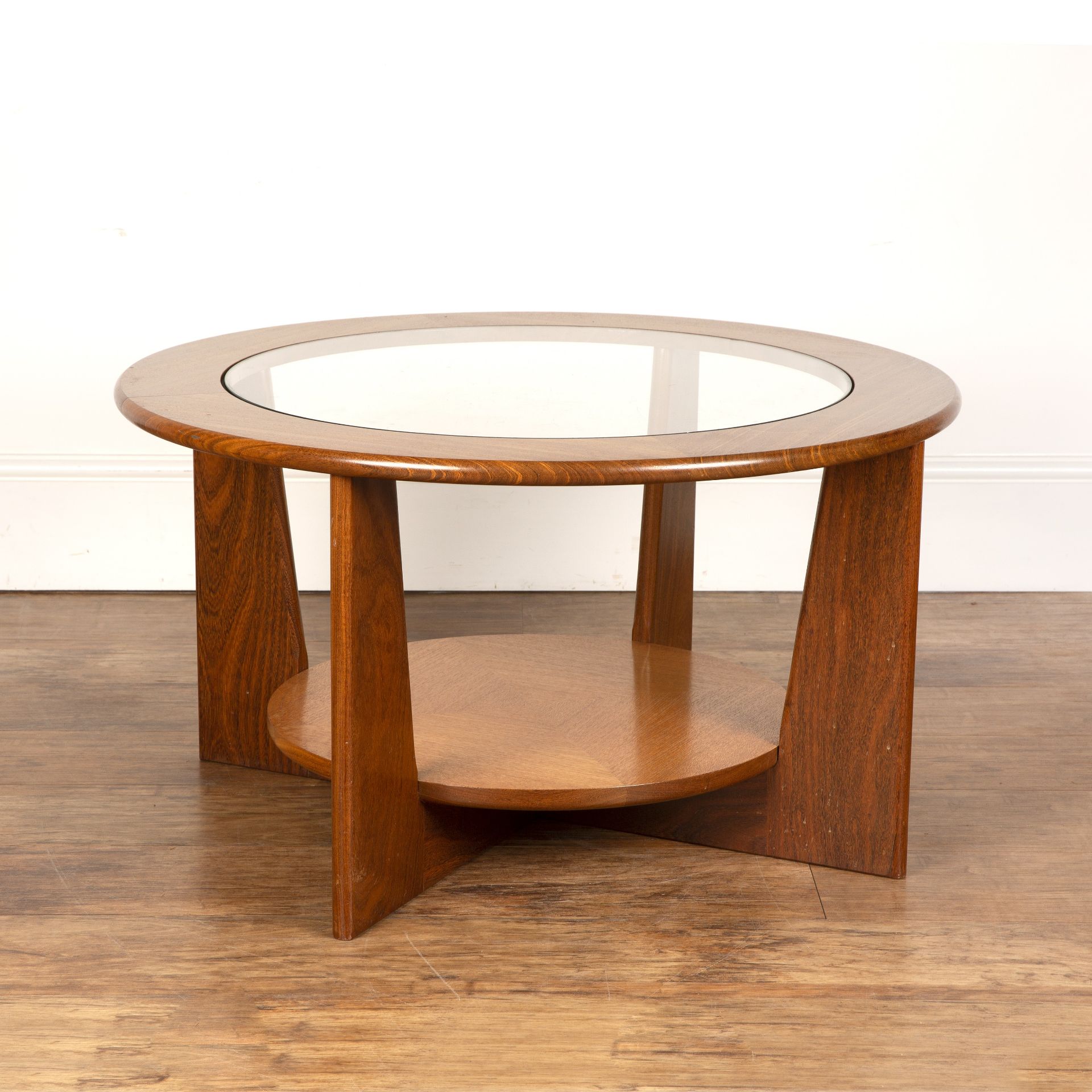 Attributed to G-plan teak, circular coffee table with glass inset top, unmarked, 77.5cm wide x - Image 2 of 5
