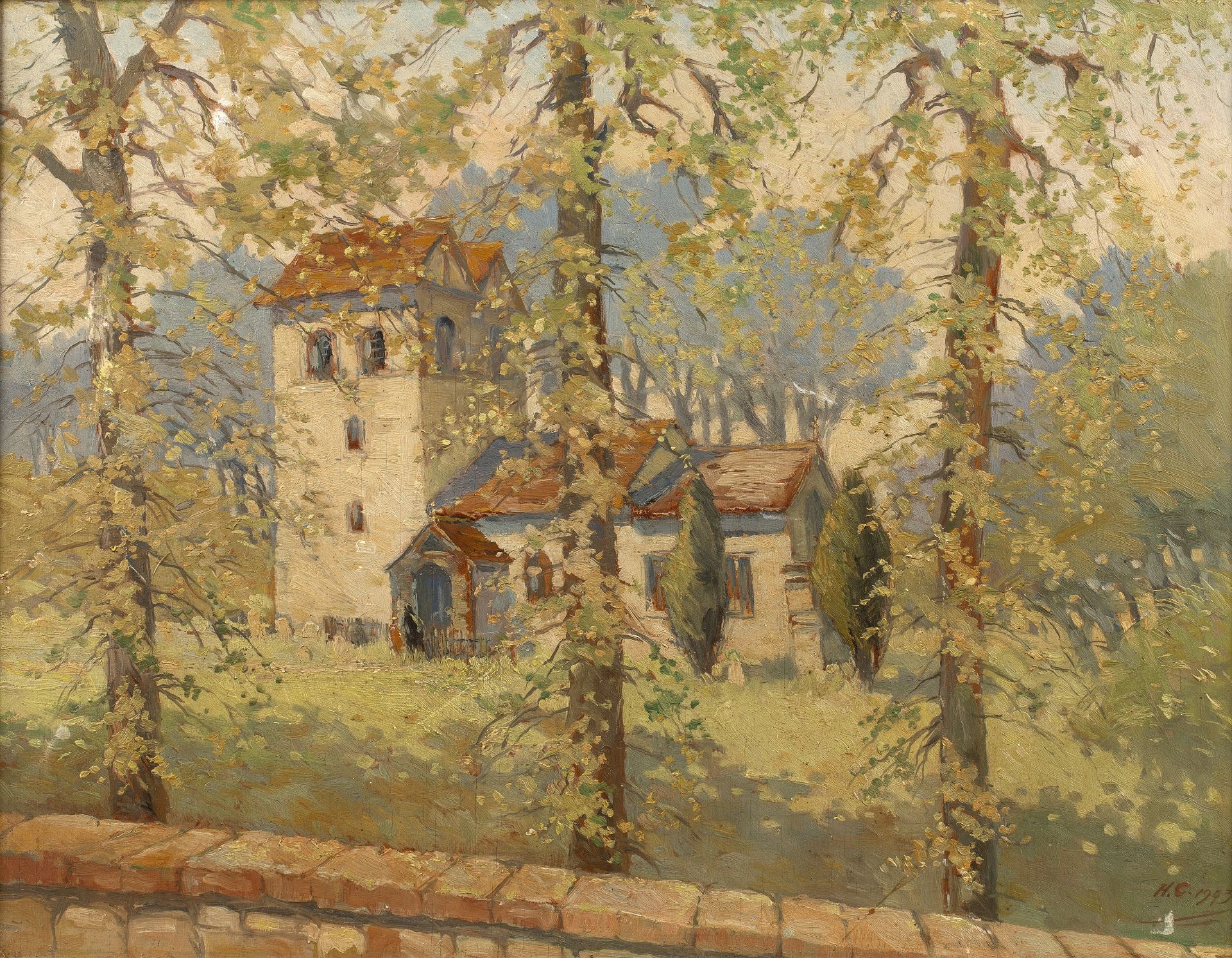 H T Camp (20th Century School) 'Fingest Church', oil on panel, initialled and dated 1943 lower
