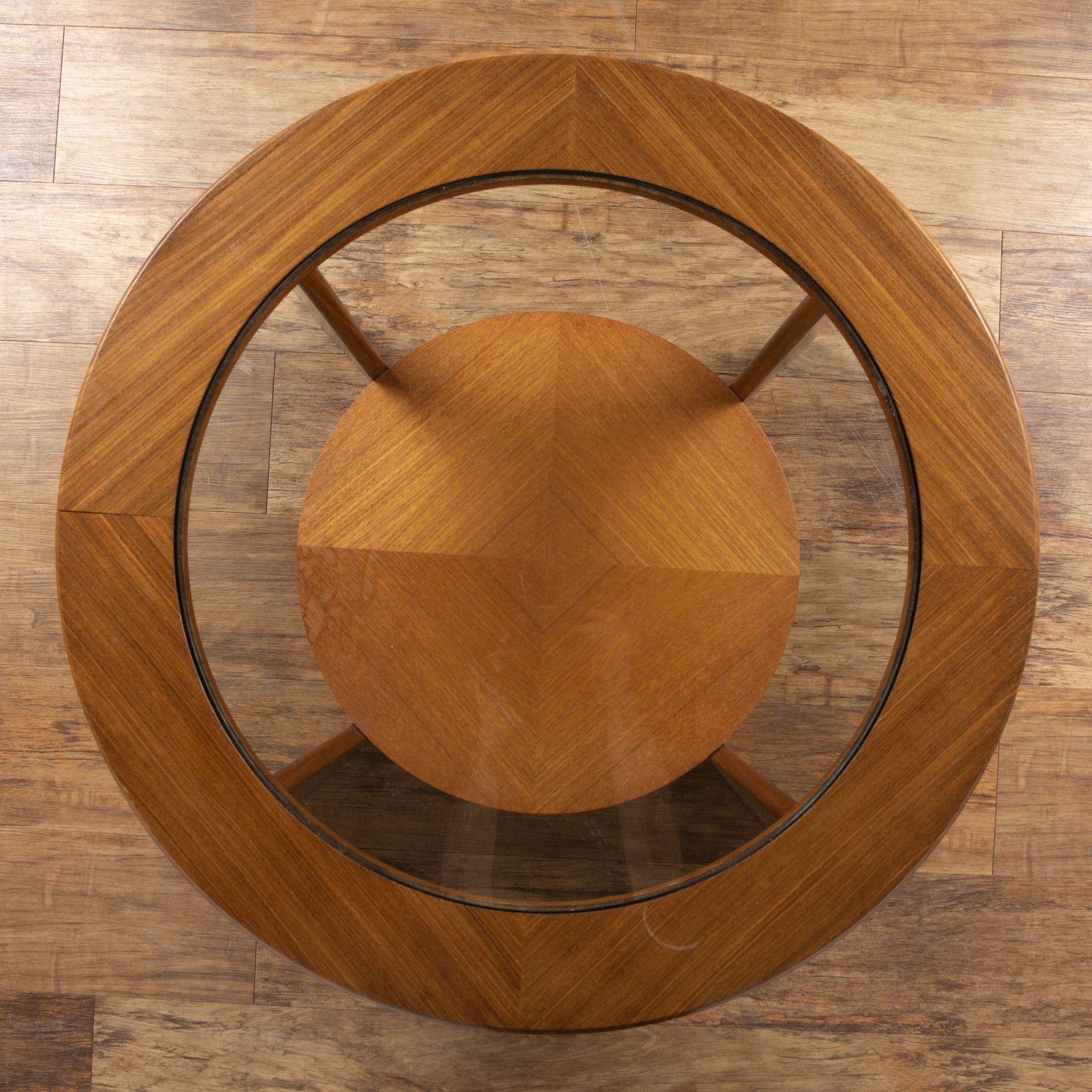 Attributed to G-plan teak, circular coffee table with glass inset top, unmarked, 77.5cm wide x - Image 5 of 5