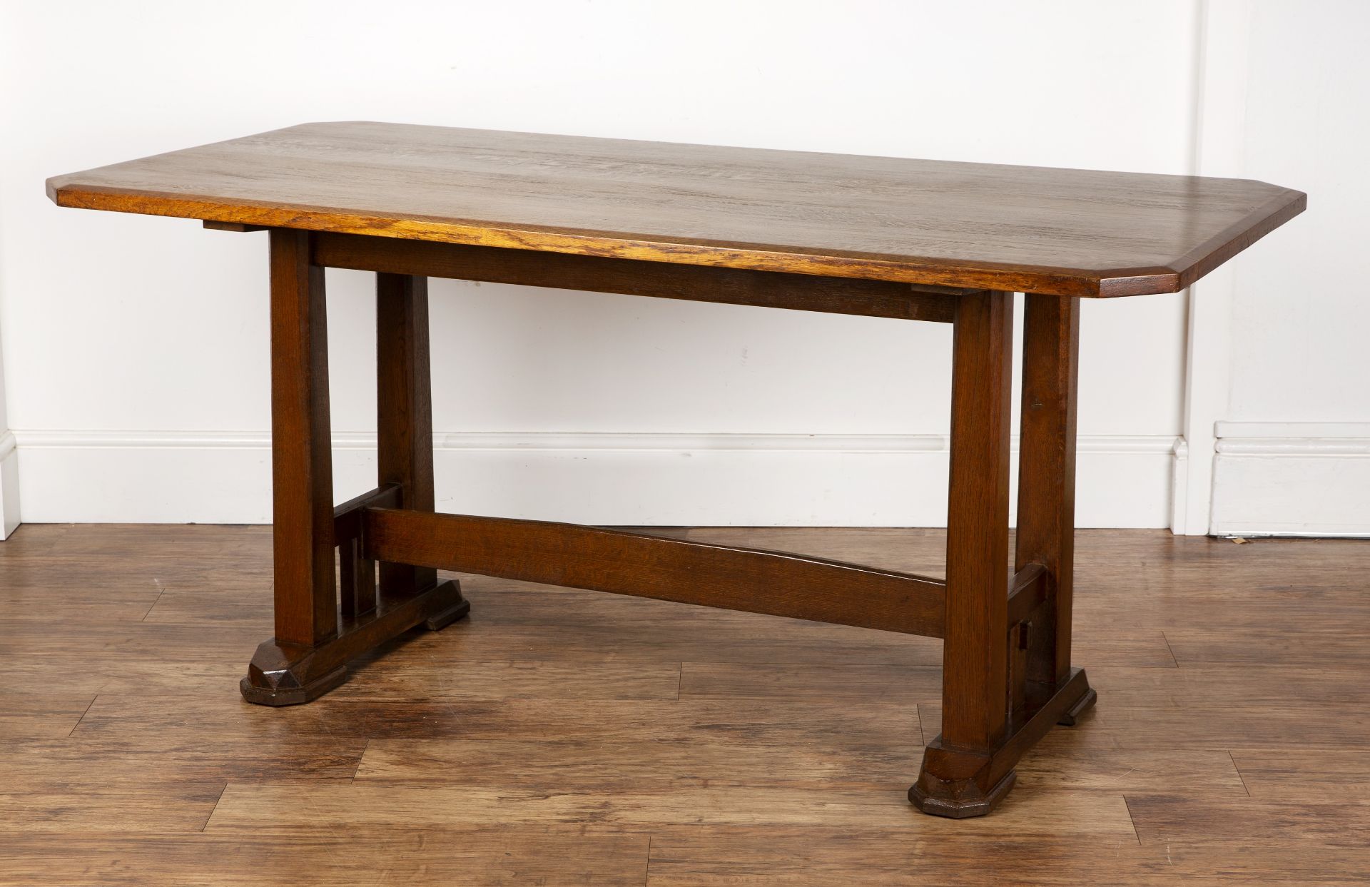 Paul Matt for Brynmawr furniture oak, 'Tre-Tower' table, the top with canted corners, on chamfered - Image 2 of 3