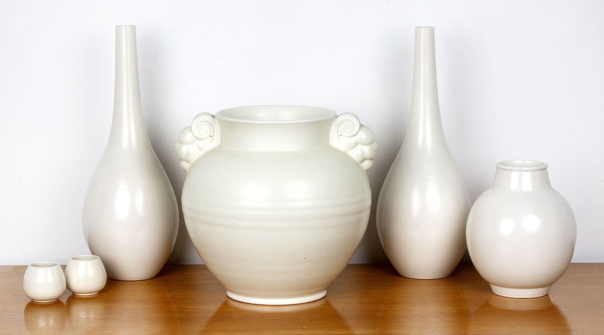 Collection of Poole Pottery 'Magnolia white' range, comprising a large globular vase with twin