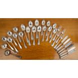 Collection of silver flatware to include: six spoons, six tablespoons, two serving spoons, four