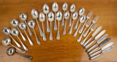 Collection of silver flatware to include: six spoons, six tablespoons, two serving spoons, four