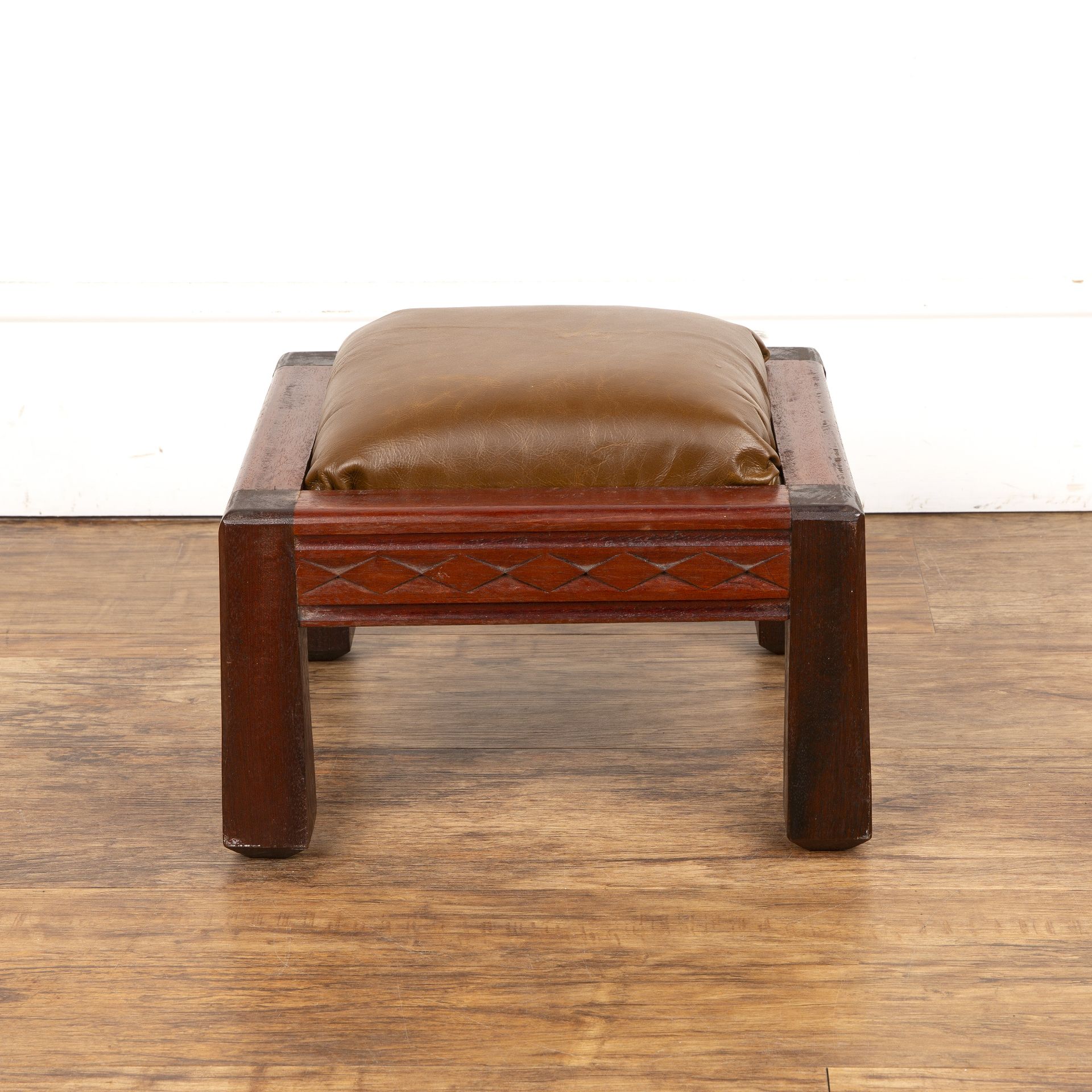 Cotswold School mahogany framed stool, with upholstered top, and carved detailing, 33cm wide x - Bild 2 aus 3