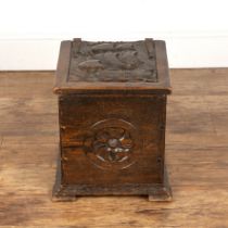 Carved box or chest oak, in the Arts and Crafts style, decorated with a ship to the lid and with a