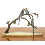 Austrian cold-painted bronze figure group of blue budgies, 19th Century, unmarked, on rectangular