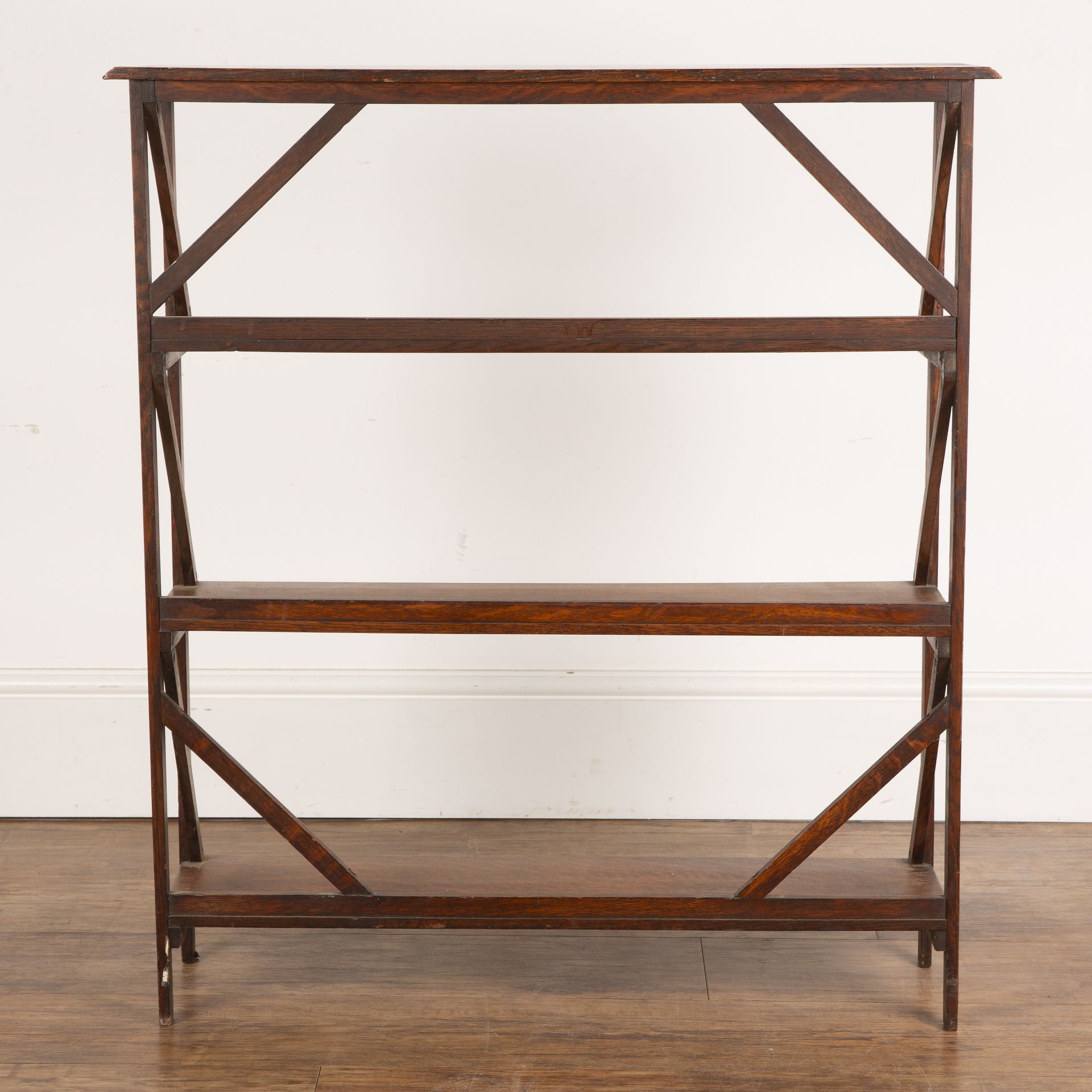 In the manner of Heals oak, open bookcase, with diagonal supports, 76cm wide x 86cm high x 20.5cm - Image 4 of 4