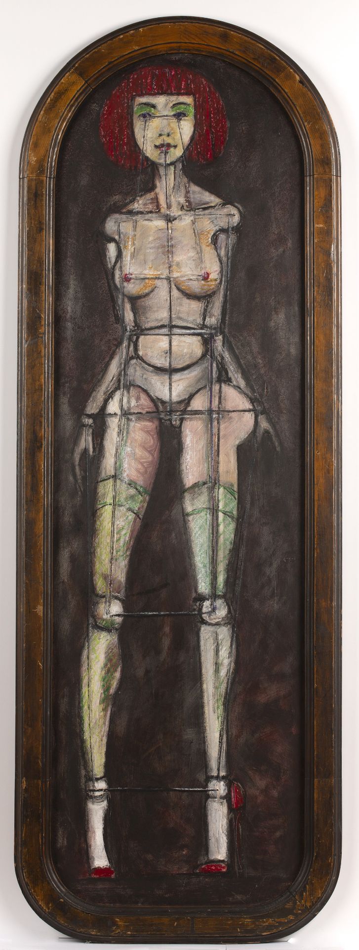 20th Century School 'Nude female with rods', oil on panel, unsigned, 93.5cm x 28cm Scuffs, marks and - Image 2 of 3