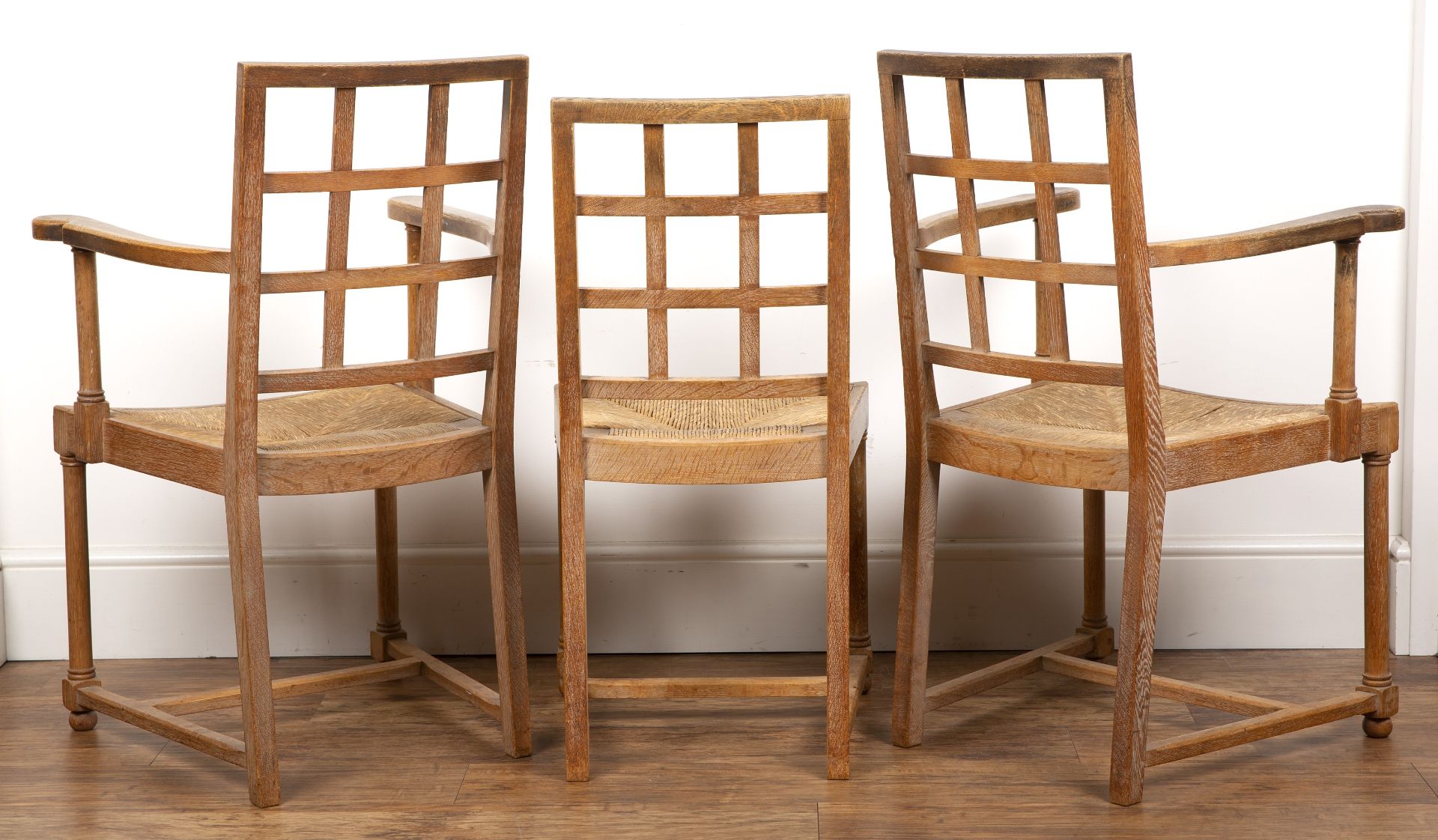 Heals oak, 1930s, lattice back, set of six chairs, with rush seats, each bearing label to the - Bild 2 aus 4