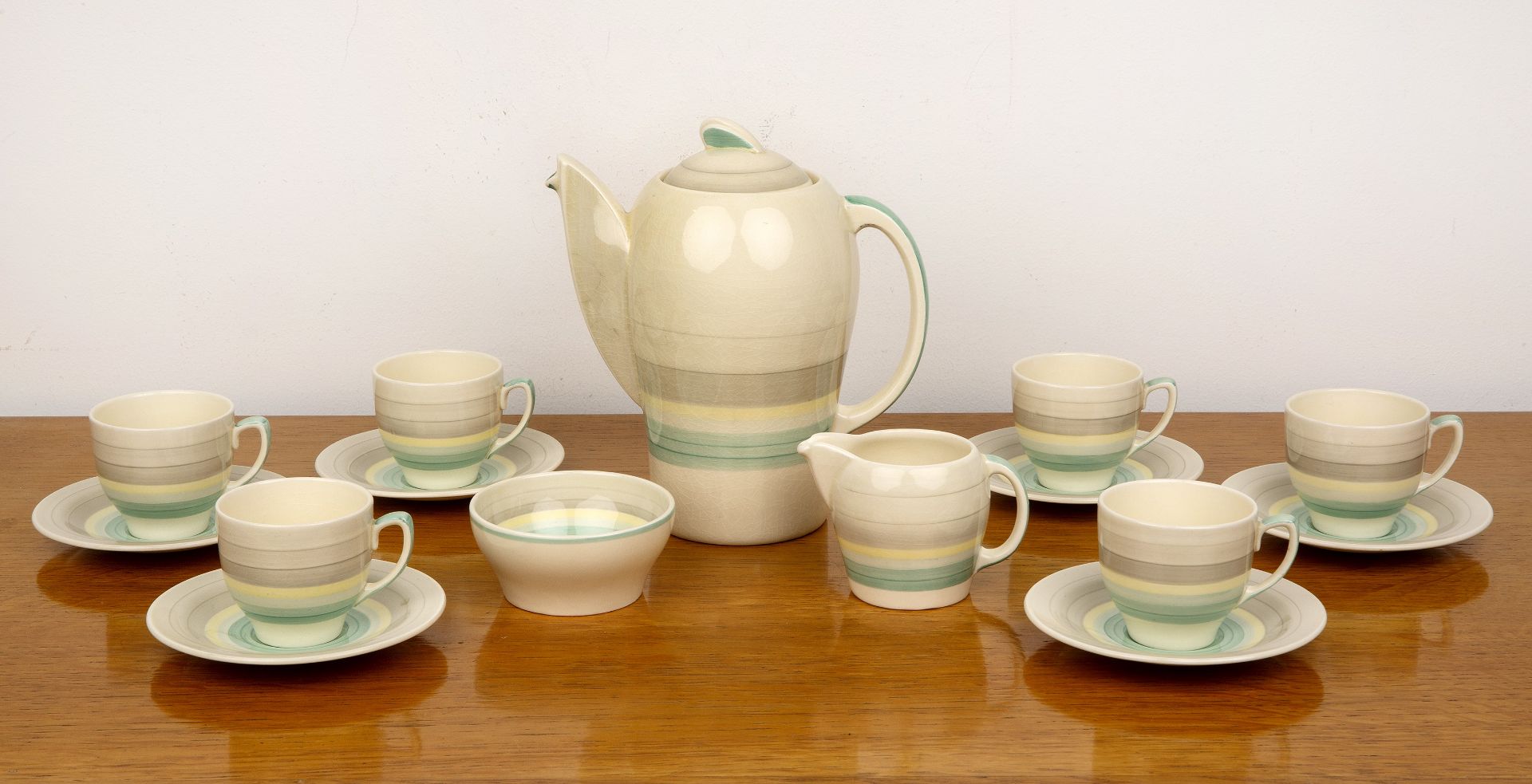 Susie Cooper (1902-1995) ‘Kestrel’ design coffee set, with green banded decoration, comprising