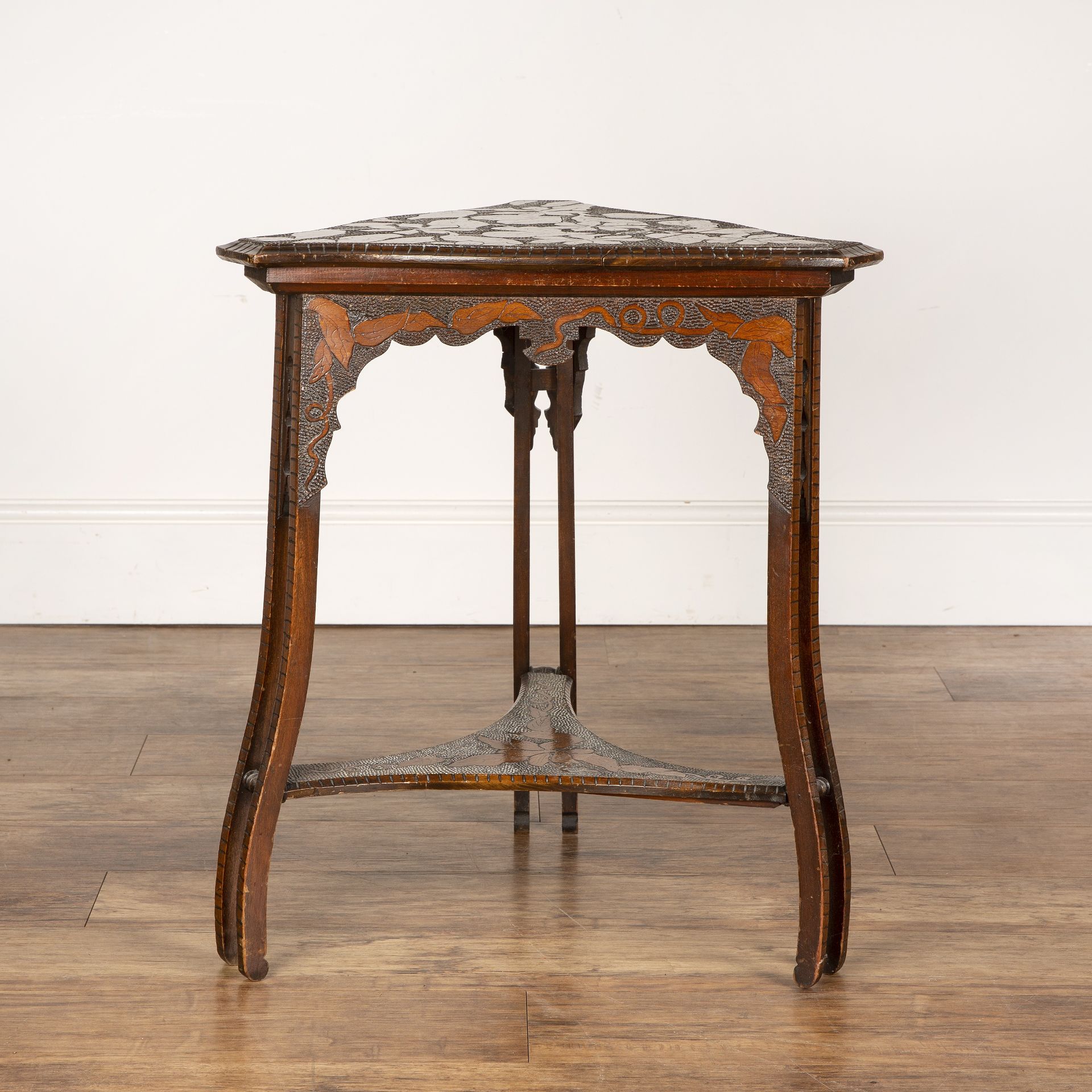 Art Nouveau pokerwork side table, with triangular top, decorated with leaves above a decorated - Image 2 of 6