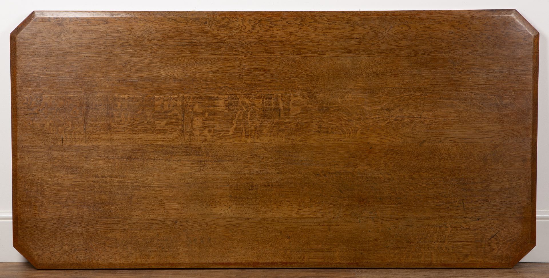 Paul Matt for Brynmawr furniture oak, 'Tre-Tower' table, the top with canted corners, on chamfered - Image 3 of 3