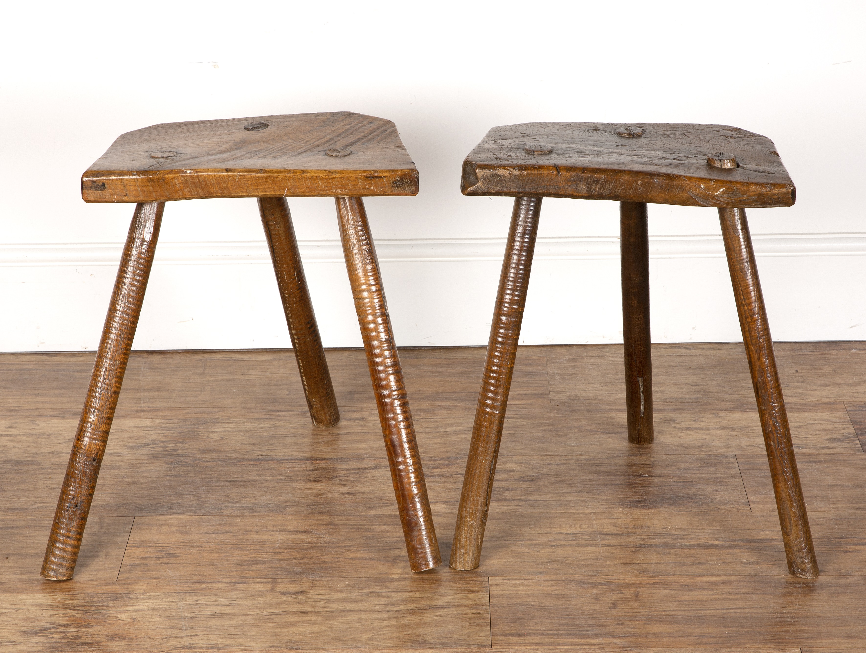 Two cutlers stools 19th Century, with elm tops, each on three legs, lighter coloured example is 50cm - Image 3 of 5