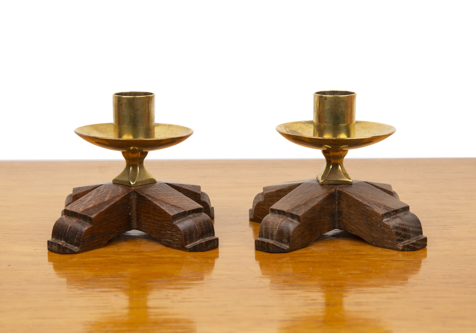 Gordon Russell Ltd of Broadway pair of oak and brass candlesticks, stamped 'Gordon Russell Ltd' to - Image 2 of 5