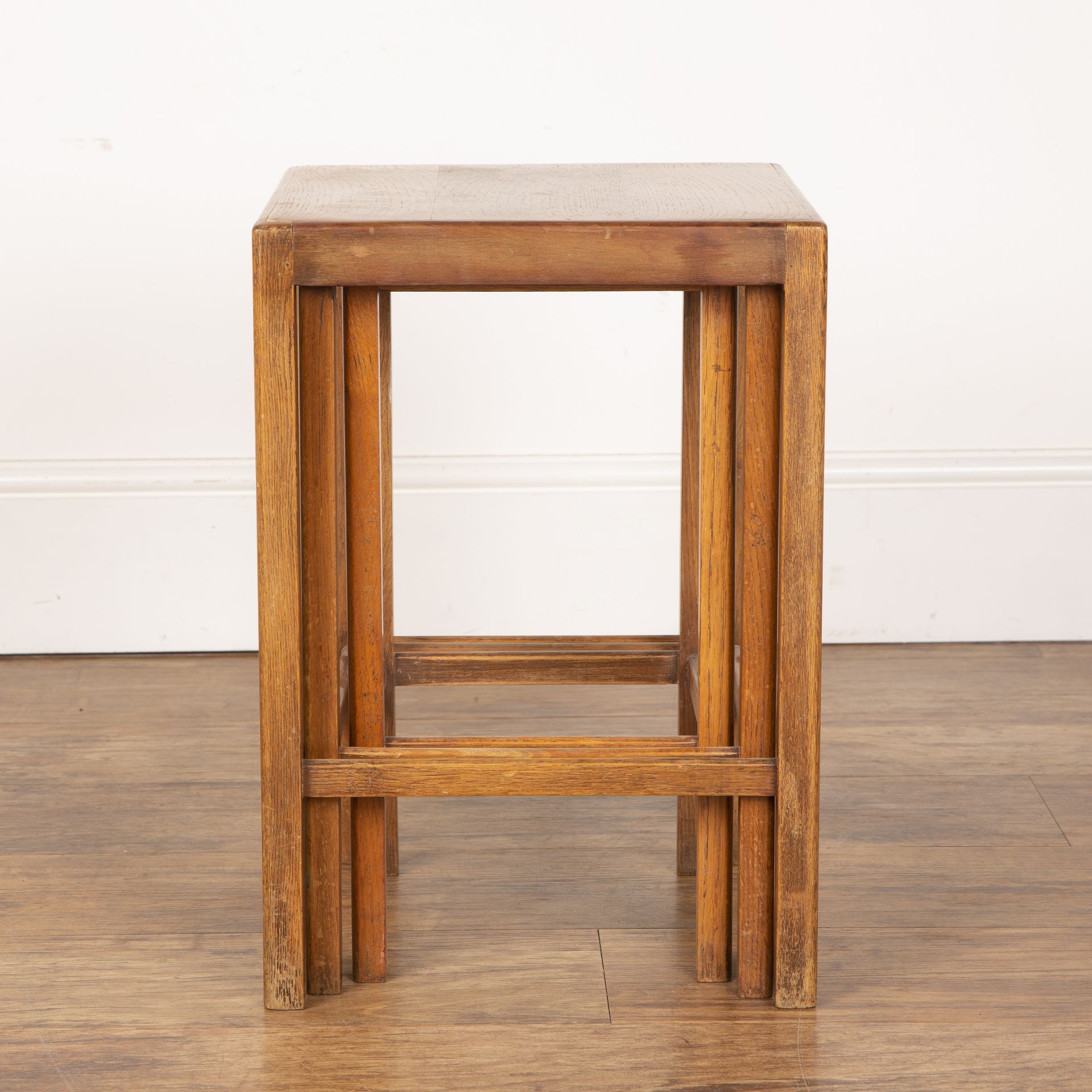 Heals style oak, nest of three tables, with square tops, the largest table measures 34cm wide x 49cm - Image 4 of 6