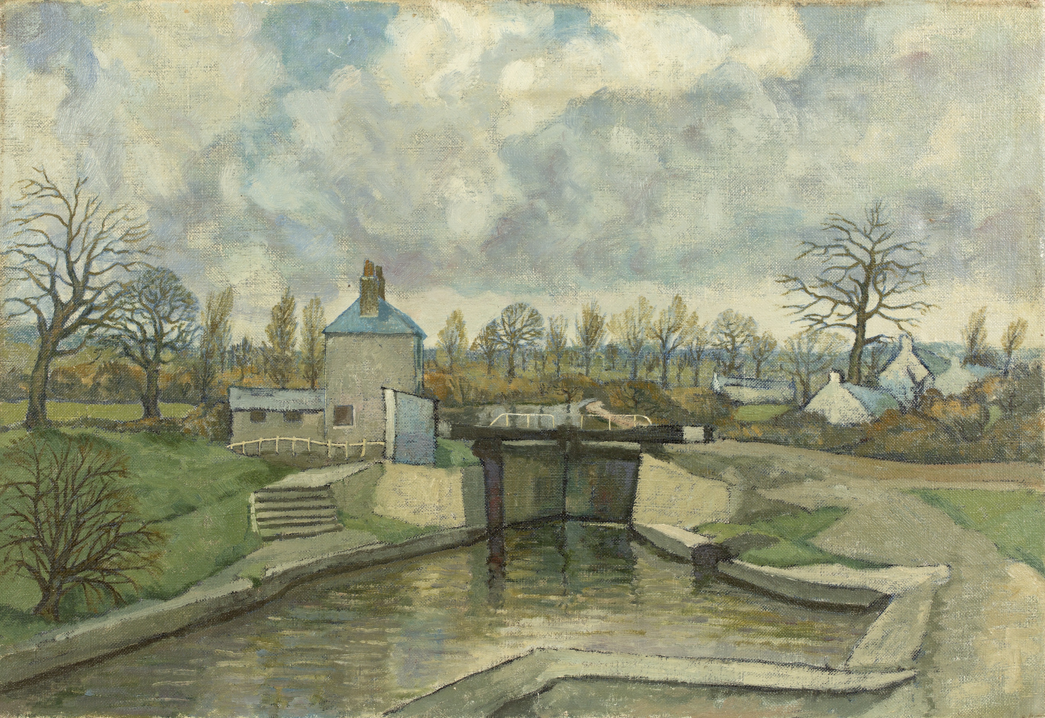 Leslie Woollaston (1900-1976) 'Canal basin', oil on canvas, unsigned, unframed, 33cm x 48cm