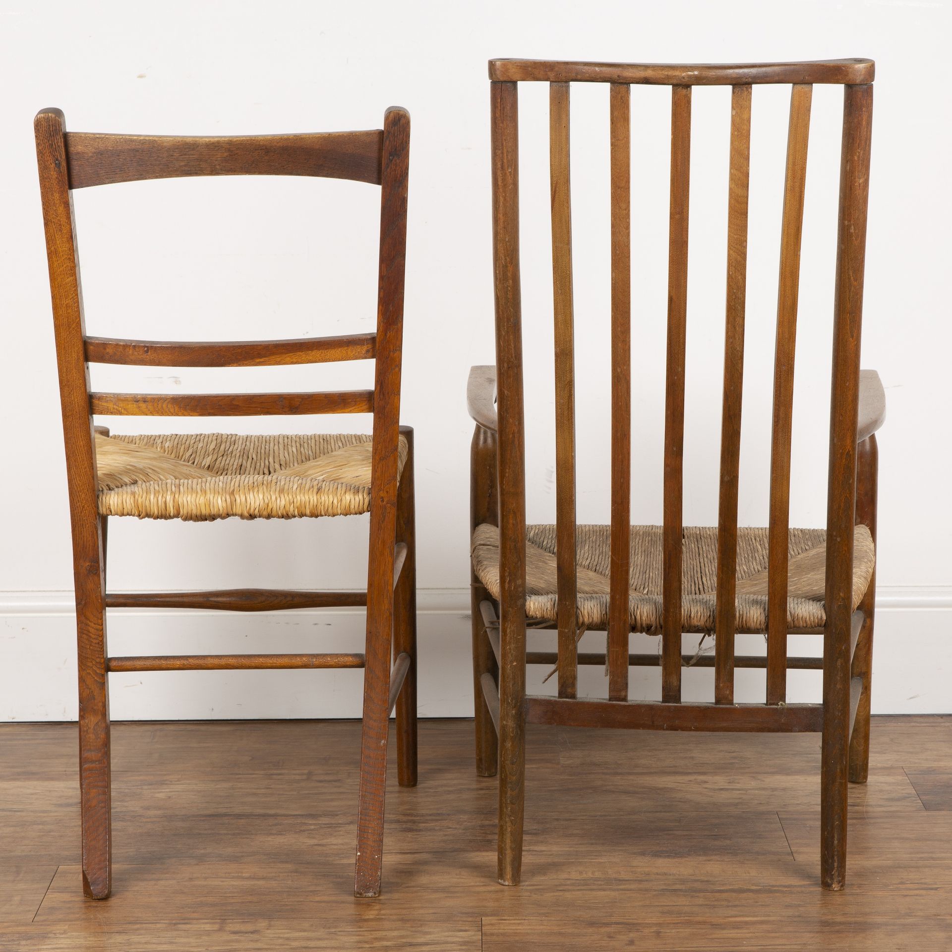 Arts and Crafts ash and elm, two small rush seated chairs, one low example with vertical splats on - Image 4 of 4