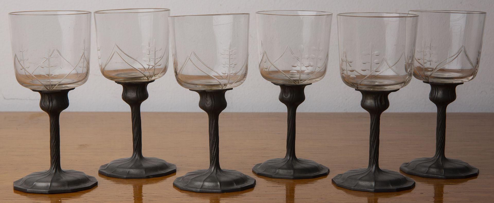Orivit set of six Art Nouveau drinking glasses on pewter stems, the bowls with cut decoration, - Image 3 of 3