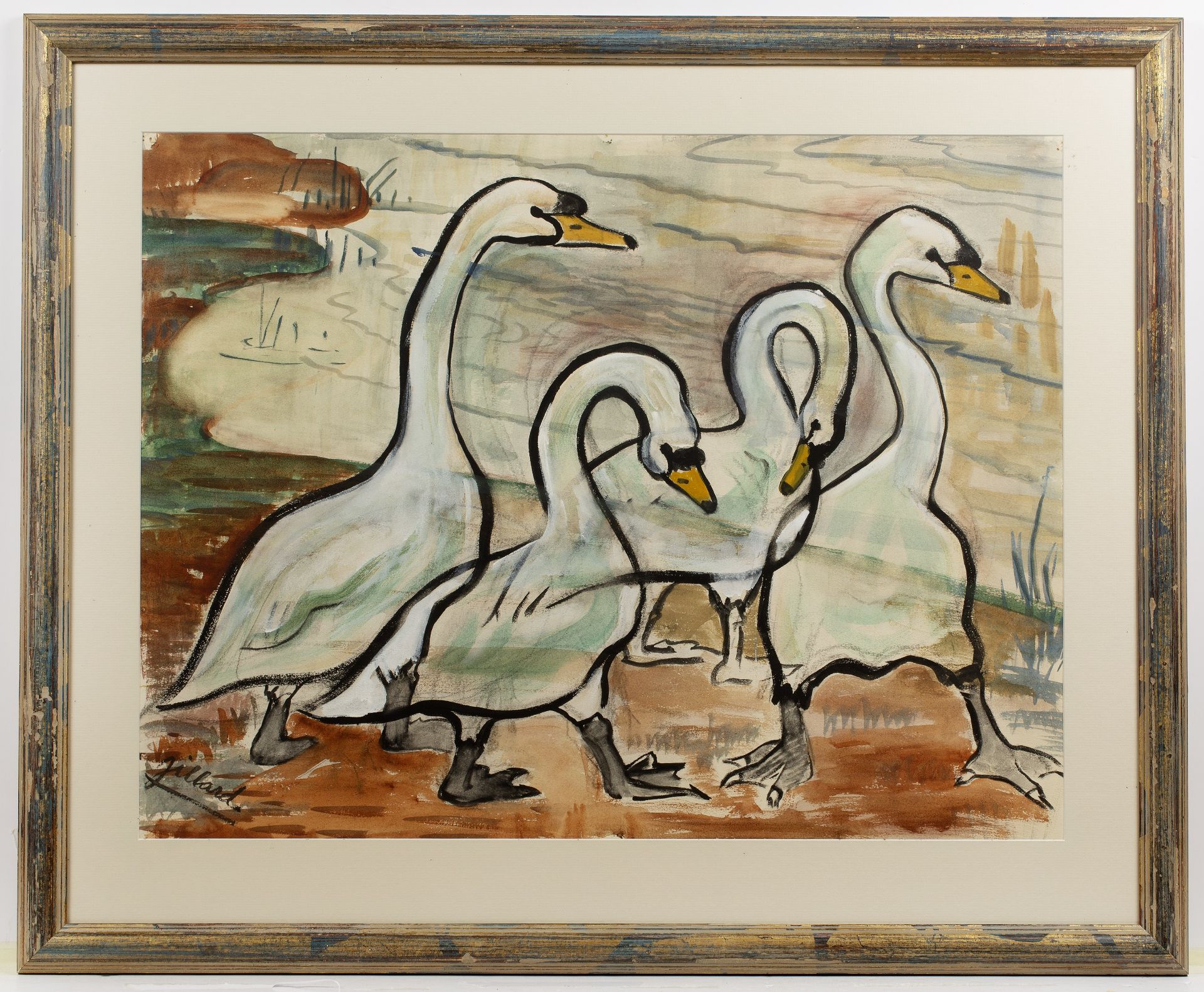 Attributed to Hilda Jillard (1899–1975) 'Swans', watercolour and gouache, signed lower left, dated - Image 2 of 3