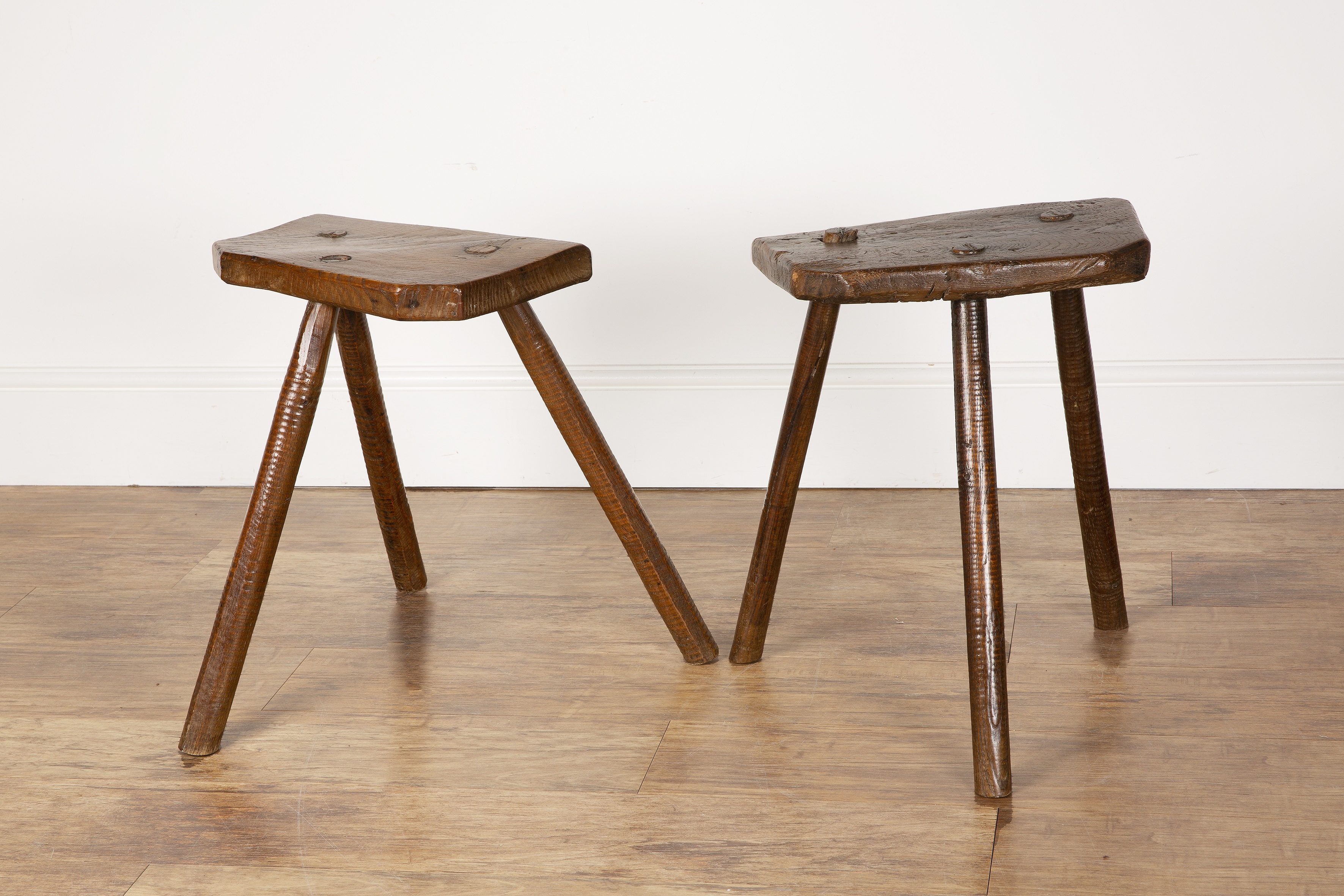 Two cutlers stools 19th Century, with elm tops, each on three legs, lighter coloured example is 50cm - Image 2 of 5