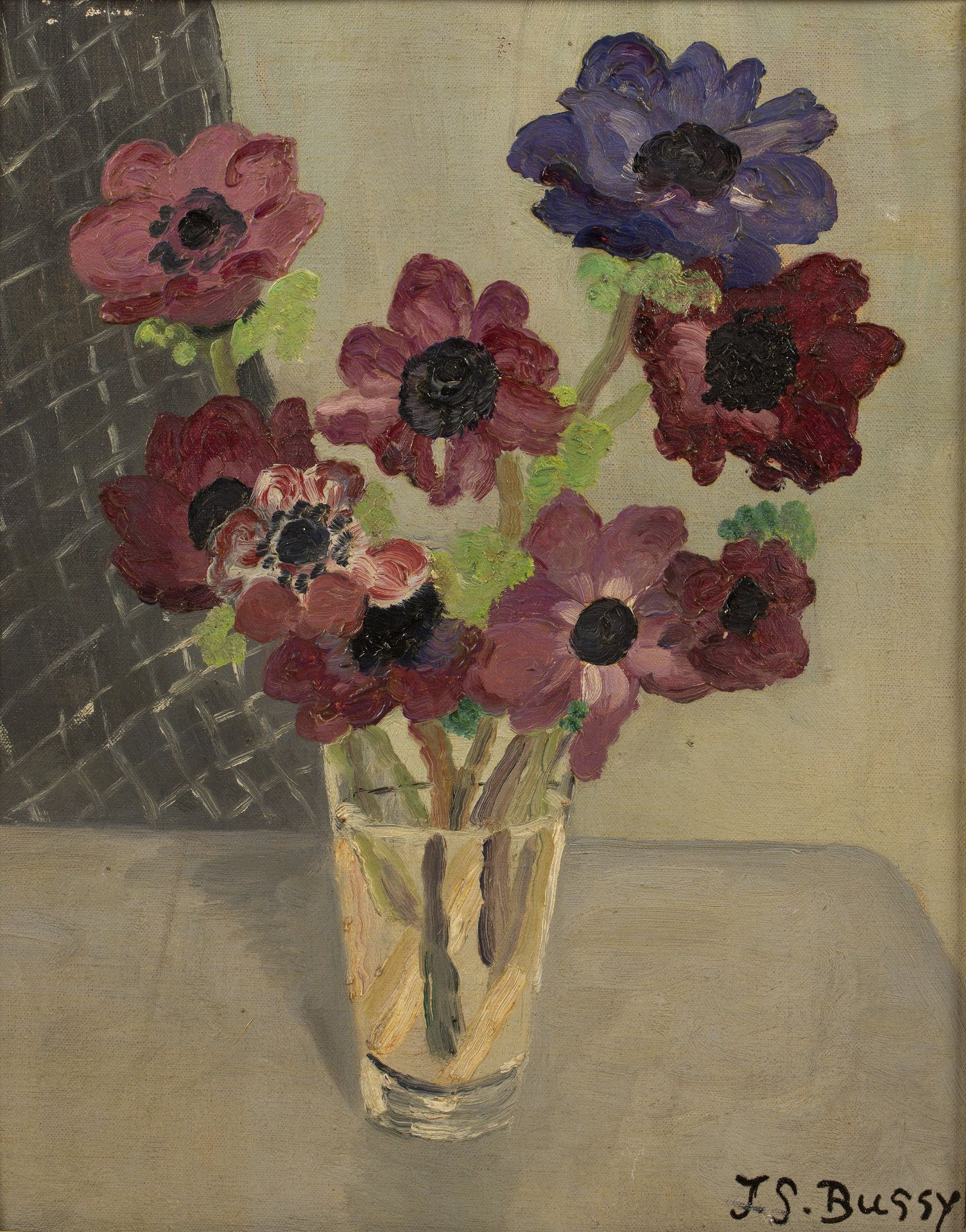 Jane Bussy (1906-1960) 'Vase of Flowers', oil on canvas, signed 'J.S Bussy' to the lower right, 32cm
