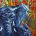 C A (Contemporary) 'Blue Elephant', oil on canvas, initialled lower left, 25cm x 25cm Overall