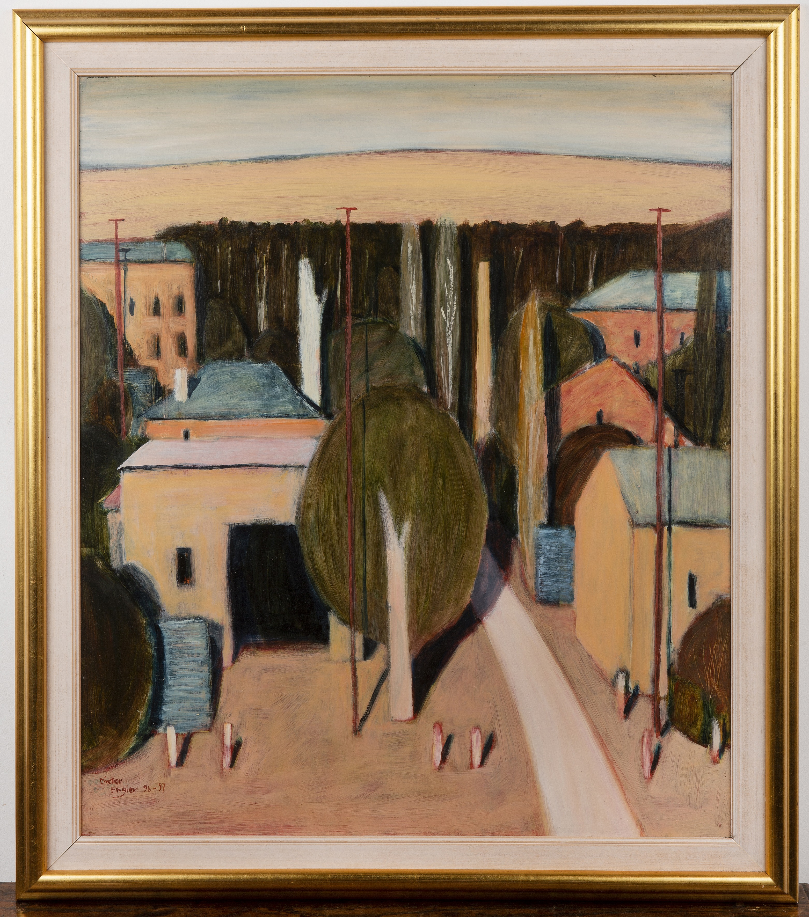 Dieter Engler (b.1958) 'Landscape with chimney', oil on board, signed lower left, dated 1996/1997, - Image 2 of 3