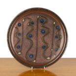 Winchcombe Pottery nuka glazed studio pottery dish, with trailed decoration, impressed seal mark