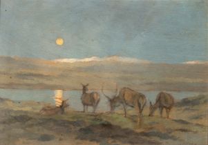 John Sydney Steel (1863-1932) 'Stags in a landscape', oil on panel, signed lower right, in a