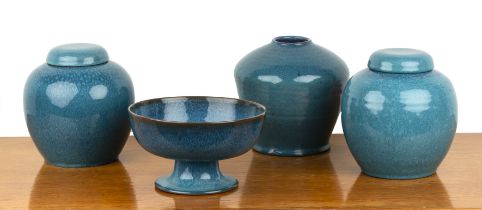 John Adams for Poole Pottery CSA 'Chinese' blue glazed group of ceramics, comprising a pair of