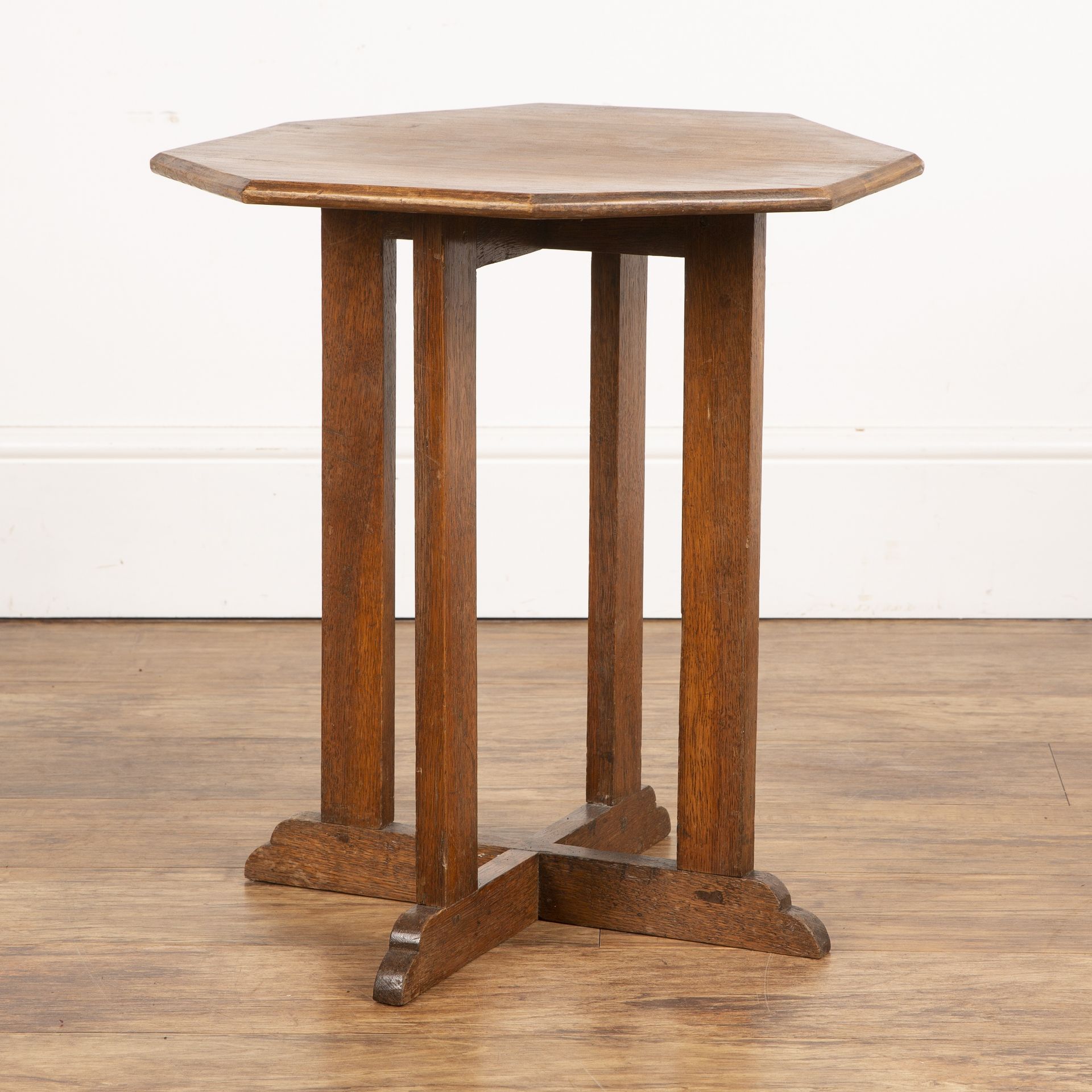 In the manner of Heals oak, occasional table with octagonal top, on crossover base, 47.5cm wide x - Bild 2 aus 4